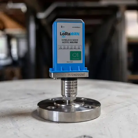 A wireless pressure transmitter on a flanged process fitting.