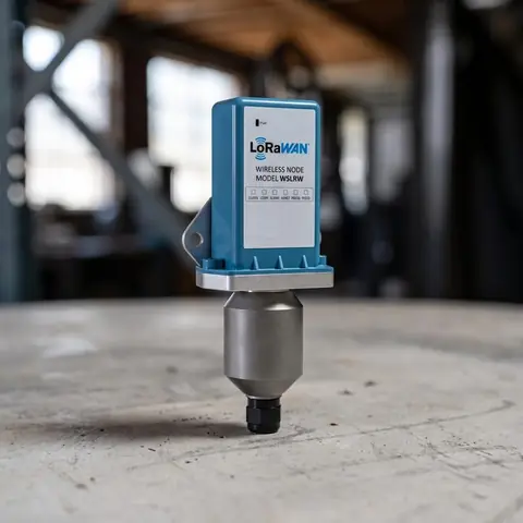 A wireless temperature transmitter with a stainless probe.