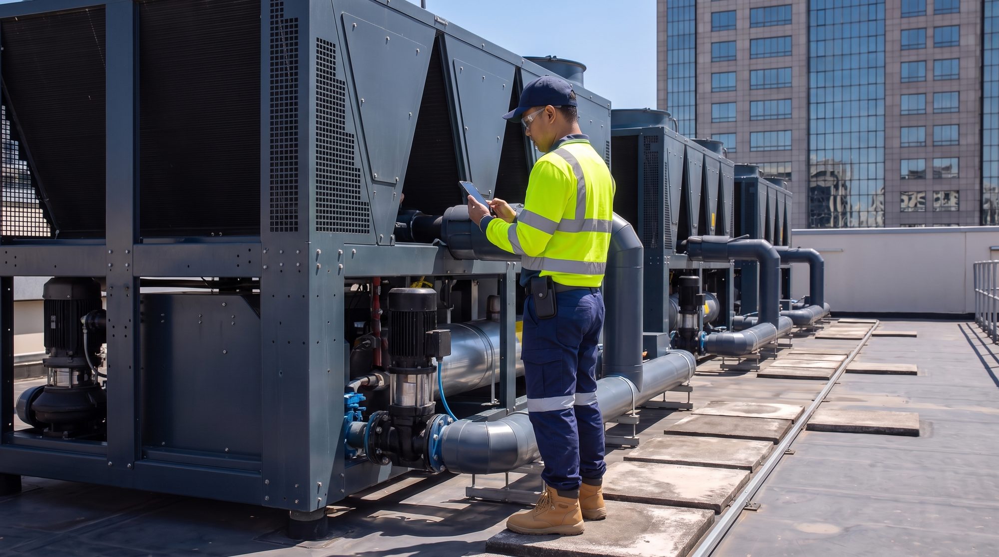 A facilities manager in a lime hi-vis shirt and cap stands right beside an air-cooled chiller on a city office tower roof, checking it on a rugged phone, its pumps and pipework at his side and the business district behind him.