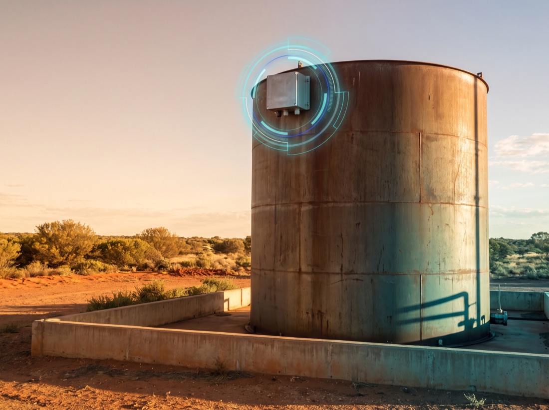 Bulk fuel or process storage tank at a remote oil and gas facility fitted with a wireless level sensor and a teal data ring