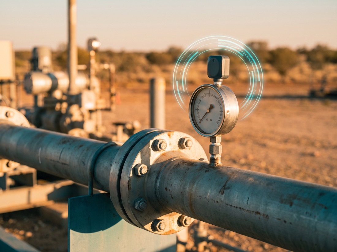 Suction-side process pipe and pressure gauge before a pump, fitted with a wireless sensor