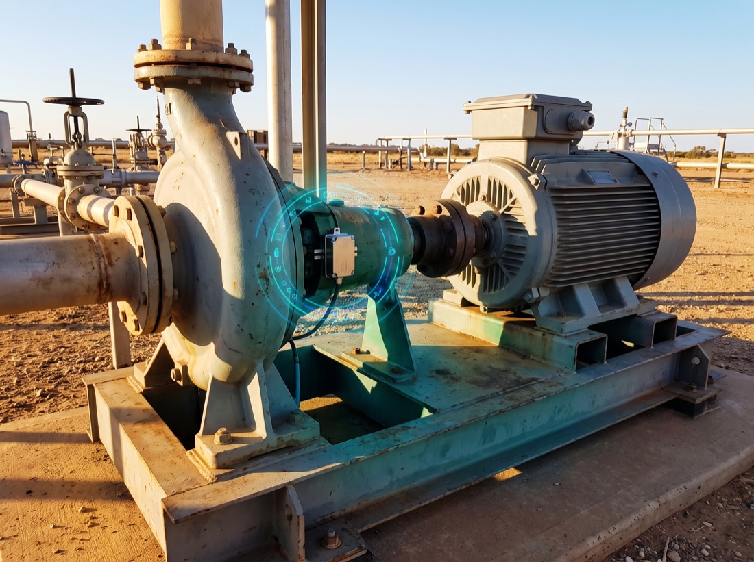 Centrifugal process pump coupled to an electric motor on a skid, with a wireless vibration sensor on the bearing housing