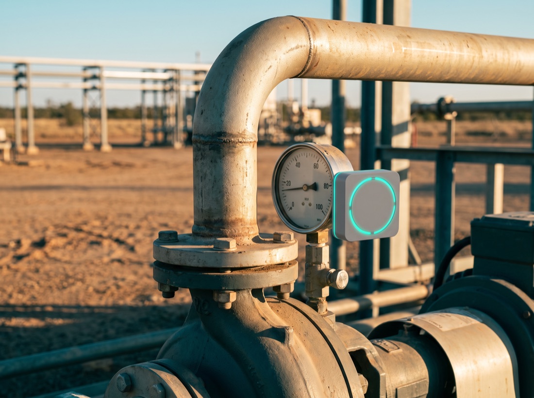 Discharge-side pipe and pressure gauge after a pump, fitted with a wireless sensor