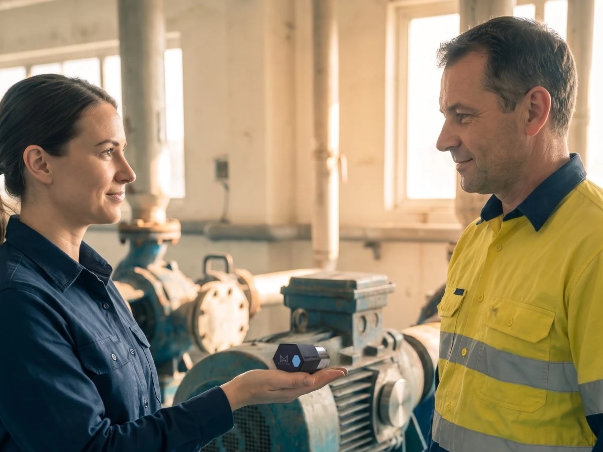A Meshed field engineer holds a palm-sized Meshed vibration sensor in her open hand, showing it to a council maintenance lead beside a blue pump and motor set in a sunlit pump room.